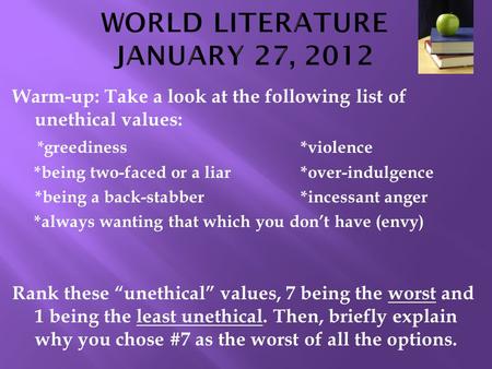 WORLD LITERATURE JANUARY 27, 2012