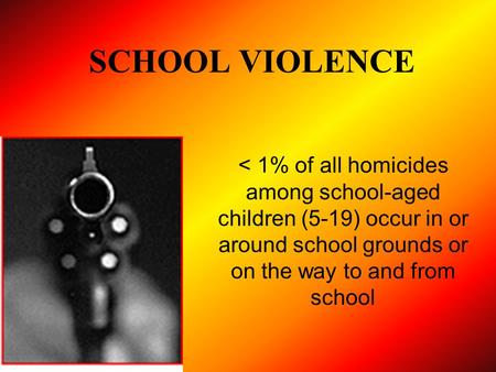 SCHOOL VIOLENCE < 1% of all homicides among school-aged children (5-19) occur in or around school grounds or on the way to and from school.