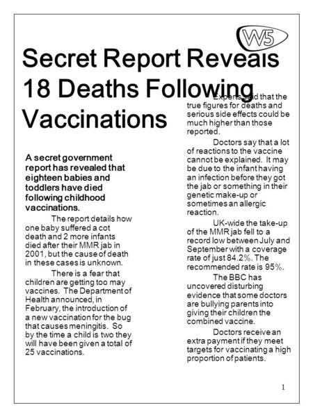 1 Secret Report Reveals 18 Deaths Following Vaccinations A secret government report has revealed that eighteen babies and toddlers have died following.