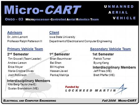 Fall 2006 AdvisorsClient Dr. John LamontIowa State University Professor Ralph Patterson IIIDepartment of Electrical and Computer Engineering Primary Vehicle.