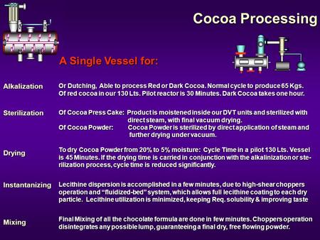 Cocoa Processing Alkalization Or Dutching, Able to process Red or Dark Cocoa. Normal cycle to produce 65 Kgs. Of red cocoa in our 130 Lts. Pilot reactor.