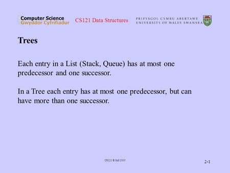 CS121 Data Structures CS121 © JAS 2005 2-1 Trees Each entry in a List (Stack, Queue) has at most one predecessor and one successor. In a Tree each entry.