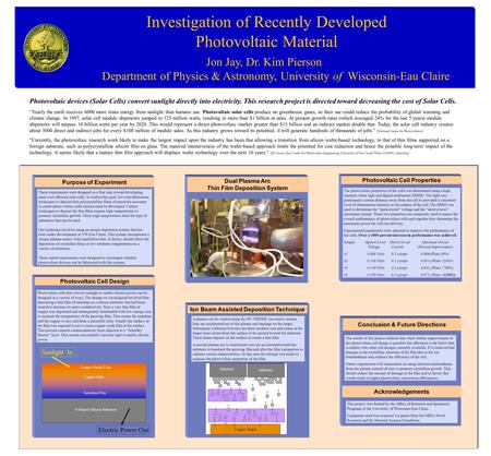 Jon Jay, Dr. Kim Pierson Department of Physics & Astronomy, University of Wisconsin-Eau Claire Investigation of Recently Developed Photovoltaic Material.