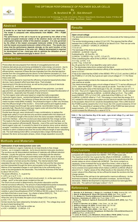 THE OPTIMUM PERFORMANCE OF POLYMER SOLAR CELLS By, N. Ibrahim2 M. O. Sid-Ahmed1 1 Sudan University of Science and Technology, Faculty of Science, Physics.