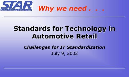 Standards for Technology in Automotive Retail Challenges for IT Standardization July 9, 2002 Why we need...