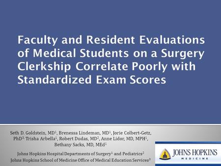 Seth D. Goldstein, MD 1, Brenessa Lindeman, MD 1, Jorie Colbert-Getz, PhD 3, Trisha Arbella 1, Robert Dudas, MD 2, Anne Lidor, MD, MPH 1, Bethany Sacks,