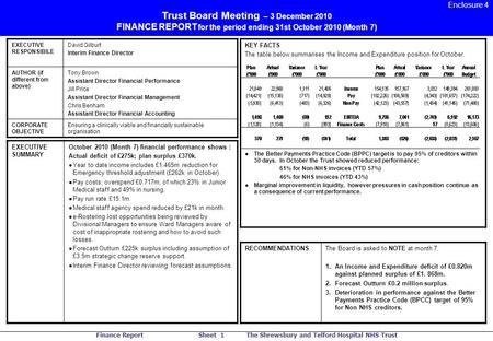 Finance Report Sheet 1 The Shrewsbury and Telford Hospital NHS Trust EXECUTIVE RESPONSIBILE David Gilburt Interim Finance Director AUTHOR (if different.