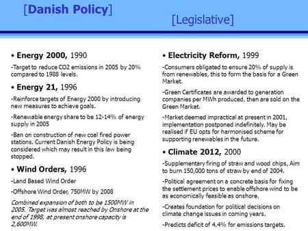 [Legislative] [Danish Policy] Energy 2000, 1990 -Target to reduce CO2 emissions in 2005 by 20% compared to 1988 levels. Energy 21, 1996 -Reinforce targets.