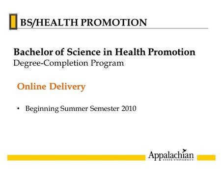 Online Delivery Beginning Summer Semester 2010 Bachelor of Science in Health Promotion Degree-Completion Program BS/HEALTH PROMOTION.