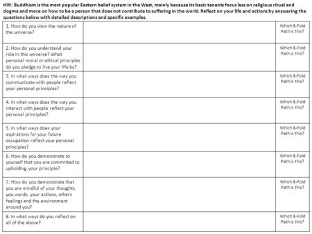 HW: Buddhism is the most popular Eastern belief system in the West, mainly because its basic tenents focus less on religious ritual and dogma and more.