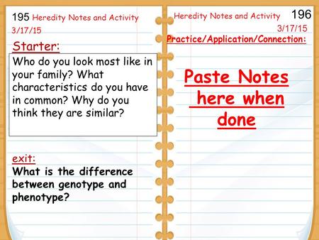 3/17/15 Starter: 195 196 Heredity Notes and Activity exit: What is the difference between genotype and phenotype? 3/17/15 Who do you look most like in.