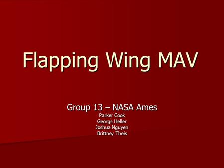 Flapping Wing MAV Group 13 – NASA Ames Parker Cook George Heller Joshua Nguyen Brittney Theis.