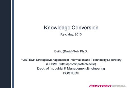 Knowledge Conversion Rev: May, 2015 Euiho (David) Suh, Ph.D. POSTECH Strategic Management of Information and Technology Laboratory (POSMIT: