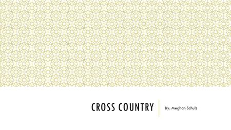 CROSS COUNTRY By: Meghan Schulz WHY DO IT?  Self discipline  Physical shape  Team bonding  Self-conquest  Teaches persistence.