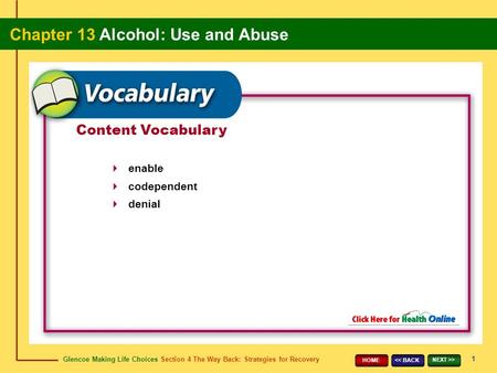 Glencoe Making Life Choices Section 4 The Way Back: Strategies for Recovery Chapter 13 Alcohol: Use and Abuse 1 > HOME Content Vocabulary.