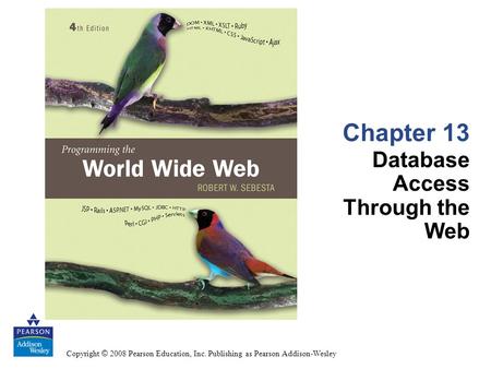 Copyright © 2008 Pearson Education, Inc. Publishing as Pearson Addison-Wesley Chapter 13 Database Access Through the Web.