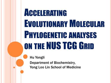 A CCELERATING E VOLUTIONARY M OLECULAR P HYLOGENETIC ANALYSES ON THE NUS TCG G RID Hu Yongli Department of Biochemistry, Yong Loo Lin School of Medicine.