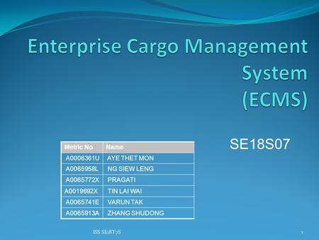 SE18S07 1ISS SE18T7S Metric NoName A0006361U AYE THET MON A0065958L NG SIEW LENG A0065772X PRAGATI A0019692X TIN LAI WAI A0065741E VARUN TAK A0065913A.