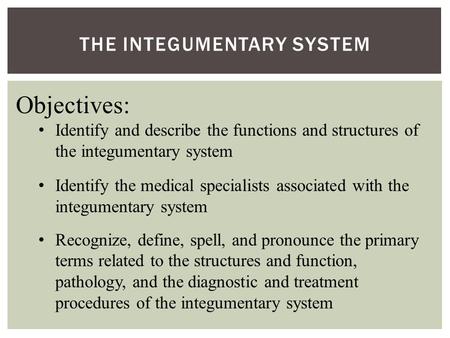 THE INTEGUMENTARY SYSTEM Objectives: Identify and describe the functions and structures of the integumentary system Identify the medical specialists associated.