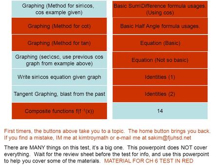 Graphing (Method for sin\cos, cos example given) Graphing (Method for cot) Graphing (sec\csc, use previous cos graph from example above) Tangent Graphing,