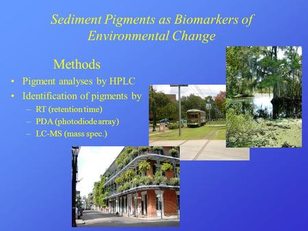 Methods Pigment analyses by HPLC Identification of pigments by –RT (retention time) –PDA (photodiode array) –LC-MS (mass spec.) Sediment Pigments as Biomarkers.