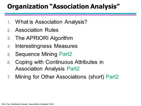 Eick, Tan, Steinbach, Kumar: Association Analysis Part1 Organization “Association Analysis” 1. What is Association Analysis? 2. Association Rules 3. The.