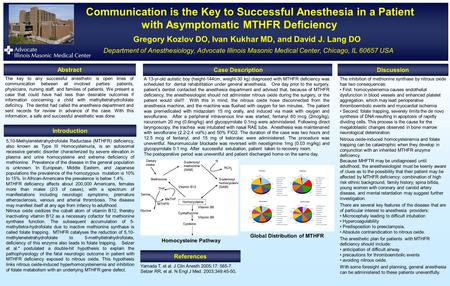 Communication is the Key to Successful Anesthesia in a Patient with Asymptomatic MTHFR Deficiency Gregory Kozlov DO, Ivan Kukhar MD, and David J. Lang.