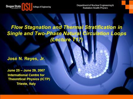 Department of Nuclear Engineering & Radiation Health Physics IAEA-ICTP Natural Circulation Training Course, Trieste, Italy, 25-29 June 2007Flow Stagnation.