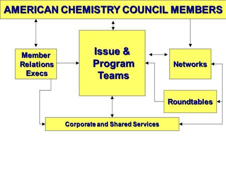 AMERICAN CHEMISTRY COUNCIL MEMBERS Networks Issue & Issue & Program Program Teams Teams Corporate and Shared Services Corporate and Shared Services Roundtables.