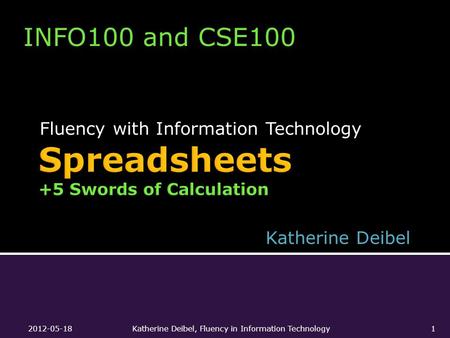 Fluency with Information Technology INFO100 and CSE100 Katherine Deibel 2012-05-18Katherine Deibel, Fluency in Information Technology1.