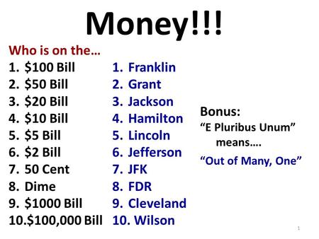 Money!!! Who is on the… 1.$100 Bill 2.$50 Bill 3.$20 Bill 4.$10 Bill 5.$5 Bill 6.$2 Bill 7.50 Cent 8.Dime 9.$1000 Bill 10.$100,000 Bill 1.Franklin 2.Grant.