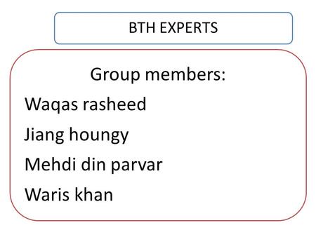 BTH EXPERTS Group members: Waqas rasheed Jiang houngy Mehdi din parvar Waris khan.