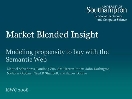 Market Blended Insight Modeling propensity to buy with the Semantic Web ISWC 2008 Manuel Salvadores, Landong Zuo, SM Hazzaz Imtiaz, John Darlington, Nicholas.