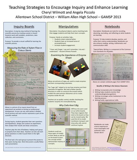 Teaching Strategies to Encourage Inquiry and Enhance Learning Cheryl Wilmott and Angela Piccolo Allentown School District – William Allen High School –