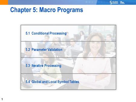 1 Chapter 5: Macro Programs 5.1 Conditional Processing 5.2 Parameter Validation 5.3 Iterative Processing 5.4 Global and Local Symbol Tables.