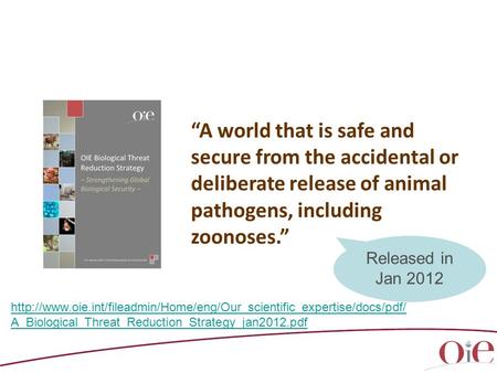 “A world that is safe and secure from the accidental or deliberate release of animal pathogens, including zoonoses.” Released in Jan 2012 http://www.oie.int/fileadmin/Home/eng/Our_scientific_expertise/docs/pdf/A_Biological_Threat_Reduction_Strategy_jan201