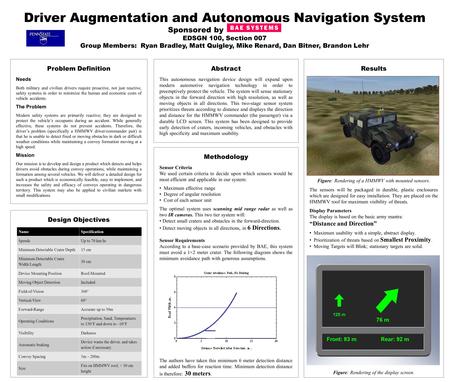 Driver Augmentation and Autonomous Navigation System Sponsored by EDSGN 100, Section 007 Group Members: Ryan Bradley, Matt Quigley, Mike Renard, Dan Bitner,