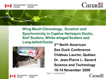 Page 1 – 15 septembre 2015 Wing Moult Chronology, Duration and Synchronicity in Captive Harlequin Ducks, Surf Scoters, White-winged Scoters and Long-tailed.