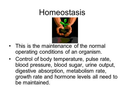 Homeostasis This is the maintenance of the normal operating conditions of an organism. Control of body temperature, pulse rate, blood pressure, blood sugar,