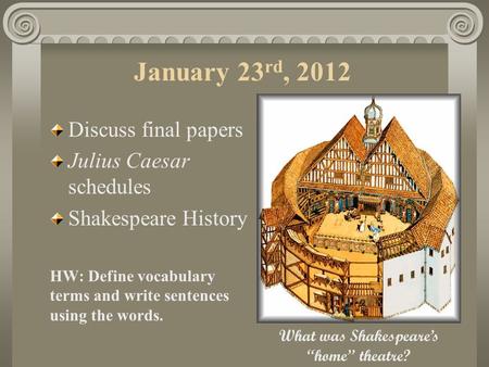 January 23 rd, 2012 Discuss final papers Julius Caesar schedules Shakespeare History HW: Define vocabulary terms and write sentences using the words.