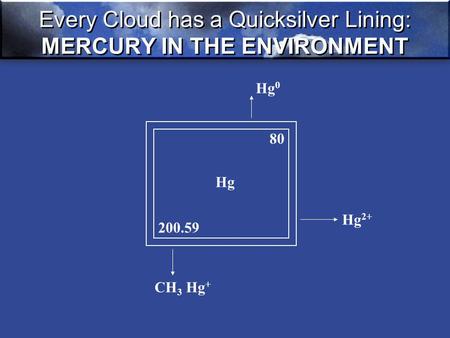 Every Cloud has a Quicksilver Lining: MERCURY IN THE ENVIRONMENT Hg 0 80 Hg 200.59 Hg 2+ CH 3 Hg +