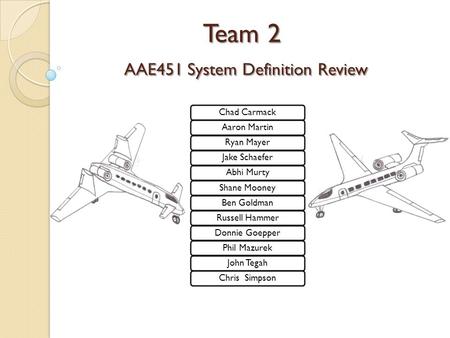 Team 2 AAE451 System Definition Review Chad CarmackAaron MartinRyan MayerJake SchaeferAbhi MurtyShane MooneyBen GoldmanRussell HammerDonnie GoepperPhil.