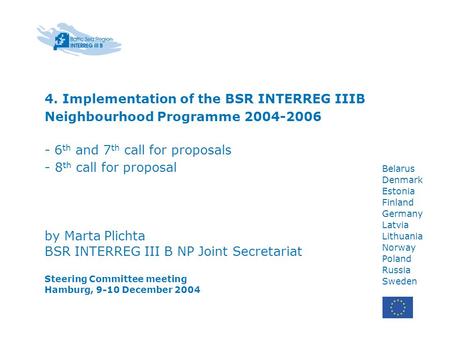 Belarus Denmark Estonia Finland Germany Latvia Lithuania Norway Poland Russia Sweden 4. Implementation of the BSR INTERREG IIIB Neighbourhood Programme.