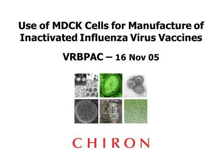 Use of MDCK Cells for Manufacture of Inactivated Influenza Virus Vaccines VRBPAC – 16 Nov 05.