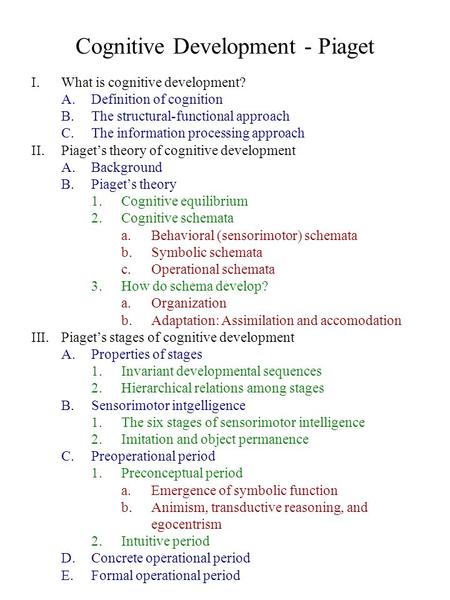 Cognitive Development - Piaget I.What is cognitive development? A.Definition of cognition B.The structural-functional approach C.The information processing.