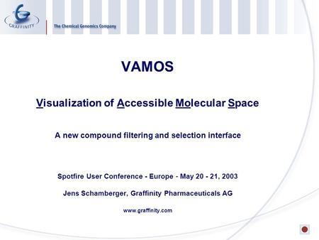 VAMOS Visualization of Accessible Molecular Space A new compound filtering and selection interface Spotfire User Conference - Europe - May 20 - 21, 2003.