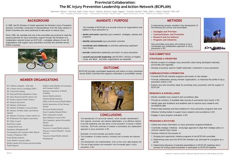 Sep-15 Provincial Collaboration: The BC Injury Prevention Leadership and Action Network (BCIPLAN) Dobmeier, Teresa 1, ▪ Herman, Matt 2 ; Scott, Vicky 2.