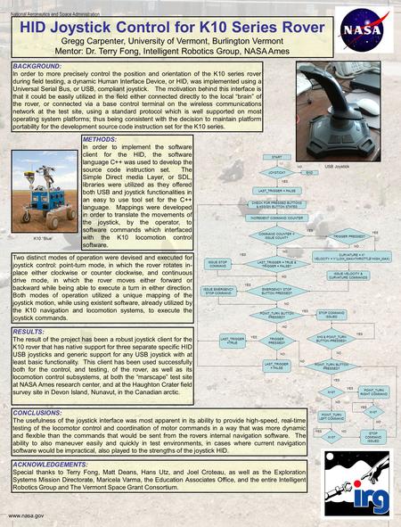 Www.nasa.gov HID Joystick Control for K10 Series Rover Gregg Carpenter, University of Vermont, Burlington Vermont Mentor: Dr. Terry Fong, Intelligent Robotics.