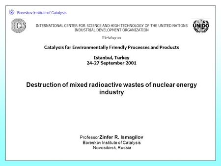 Boreskov Institute of Catalysis INTERNATIONAL CENTER FOR SCIENCE AND HIGH TECHNOLOGY OF THE UNITED NATIONS INDUSTRIAL DEVELOPMENT ORGANIZATION Workshop.