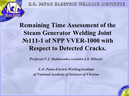 Professor V.I. Makhnenko, scientist A.S. Milenin E.O. Paton Electric Welding Institute of National Academy of Sciences of Ukraine 1 Remaining Time Assessment.